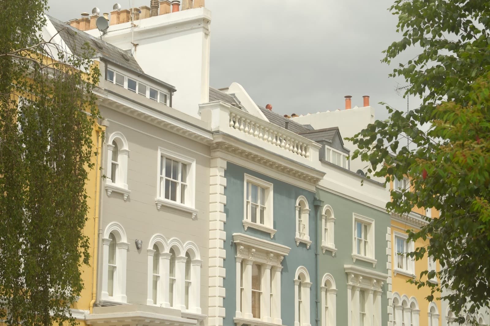 Painted terraced townhouses behind summer trees