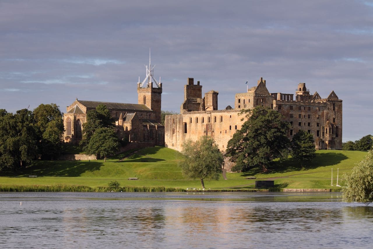Linlithgow Palace and St Michael's Church across Linlithgow Loch, West Lothian